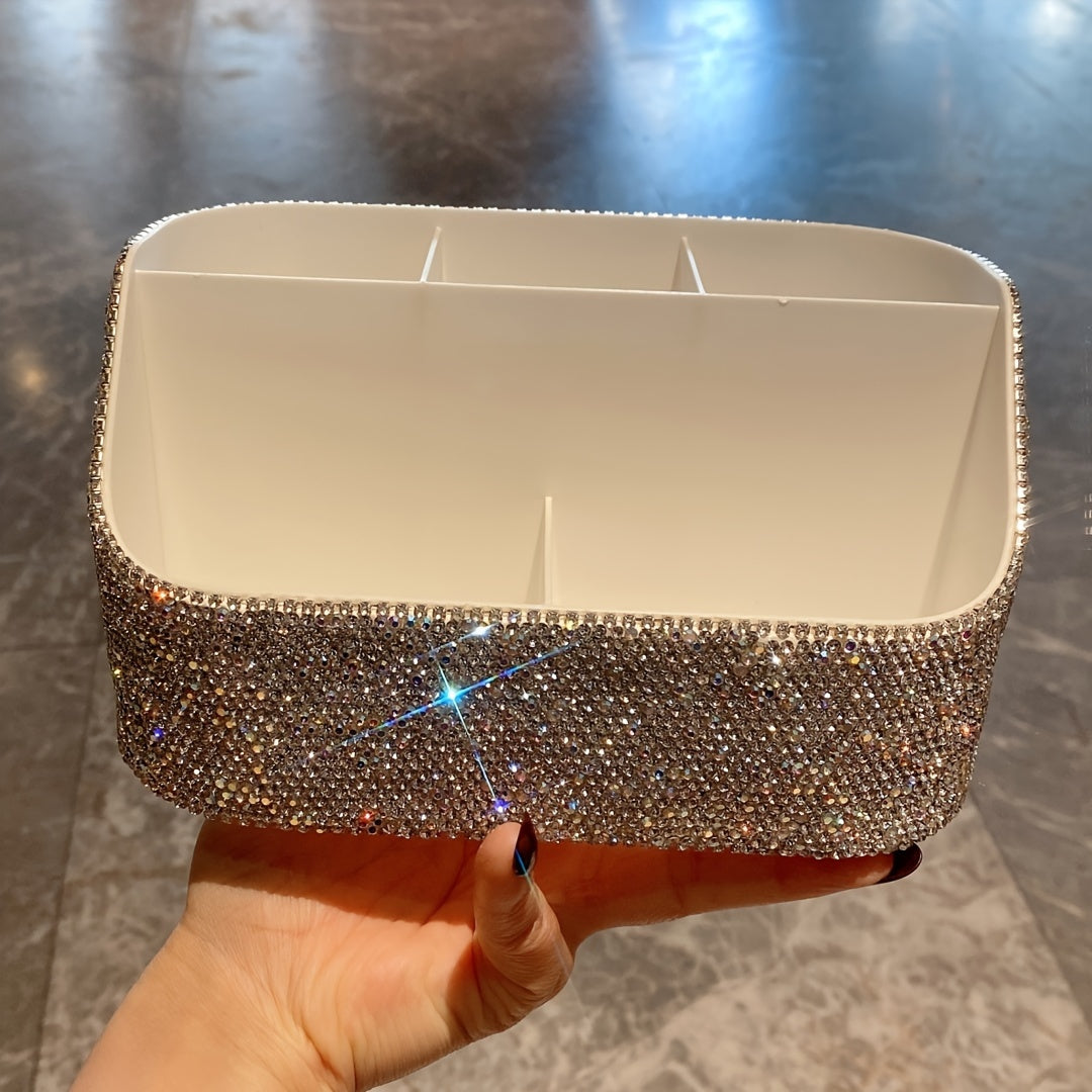 1pc Luxury Multi-Compartment Storage Box with Rhinestone Accents, Plastic Makeup Organizer, Creative Exquisite Office Desk Accessory