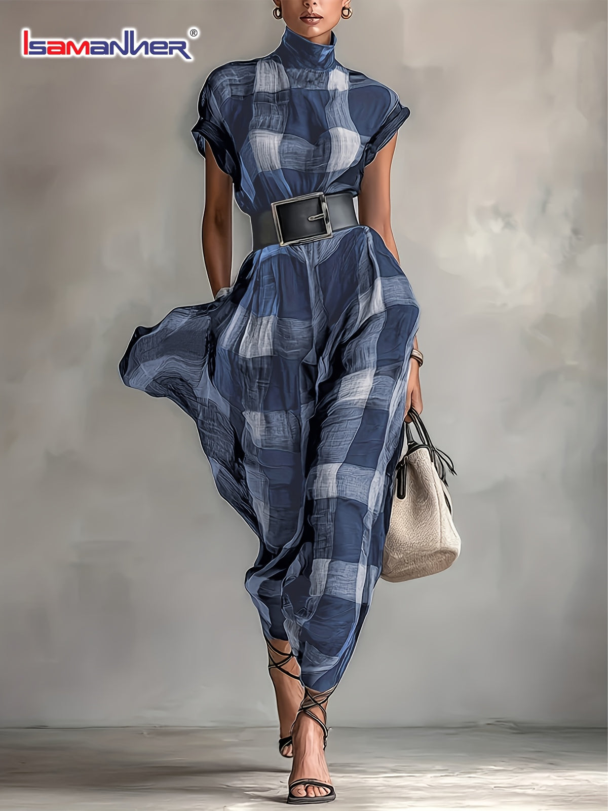 ISAMANNER-BK1201016 Elegant Vintage Loose Waist High Neck Plaid Dress for Spring And Summer Without Belt - YL25348