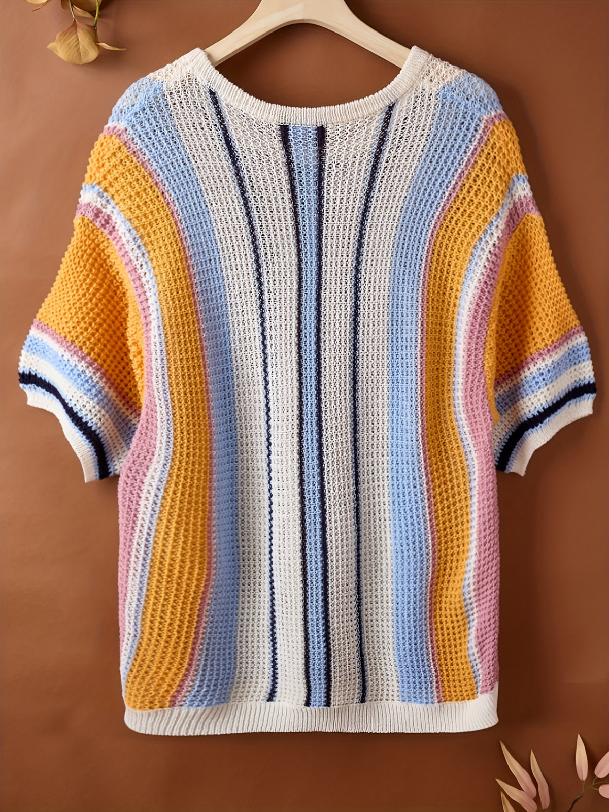 Casual Loose-Fit Men's Striped Drop-Shoulder Short-Sleeve Sweater, Spring/Summer/Autumn Beach Air-Conditioned Outerwear Fashion Sweater