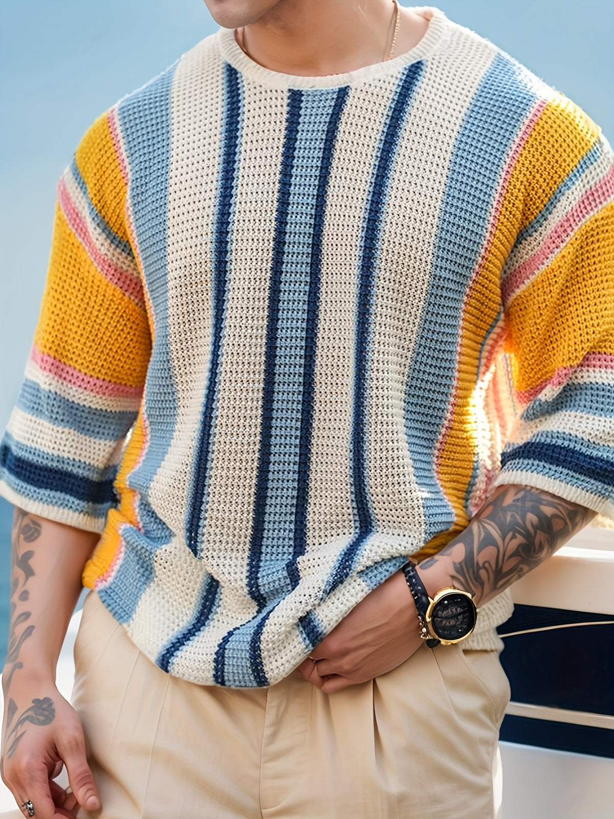 Striped Sweater Men Ribbed Knit Color Block Fall Pullover Crewneck Fashion Casual Jumper Tops Long Sleeve Loose Comfy Sweater