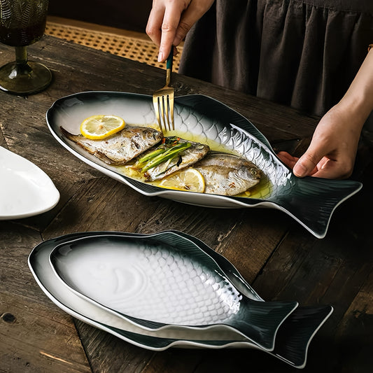[2 Sizes Available] Upgraded Large Fish Plate Ceramic Salad Dinnerware, Suitable for Restaurant and Home Use, Restaurant Dinnerware, Tableware Collection, Aesthetic Serving Dishes, Decorative Dishware, Highquality Plates, Handcrafted Ceramics, Multipurpo