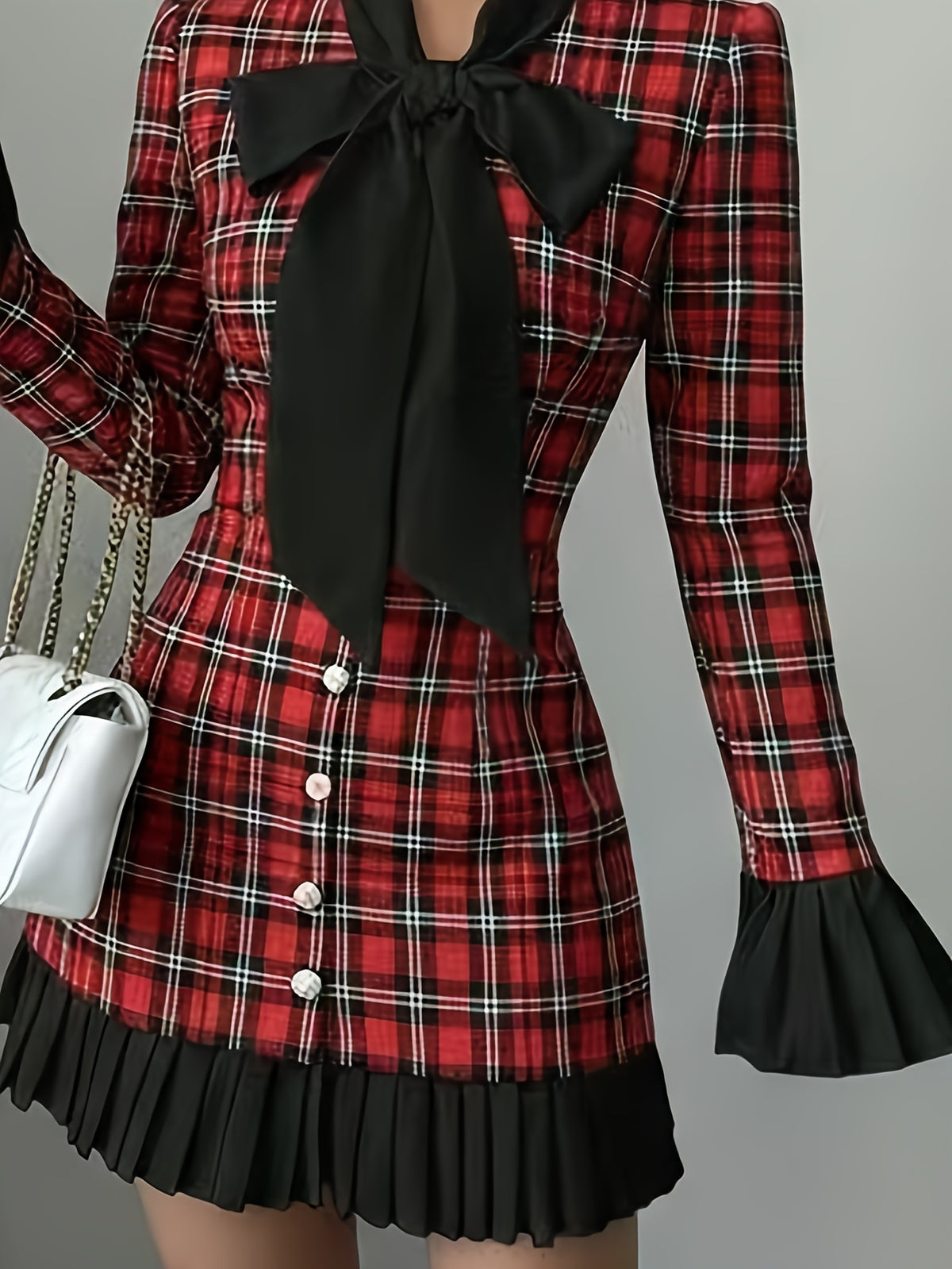 Women's Short Plaid Tartan Dress with Bow Tie Collar & Puffed Sleeves - Red/Black/White Scottish-Inspired A-Line, Machine Washable Winter Party Wedding Guest Dress (No Dry Clean)
