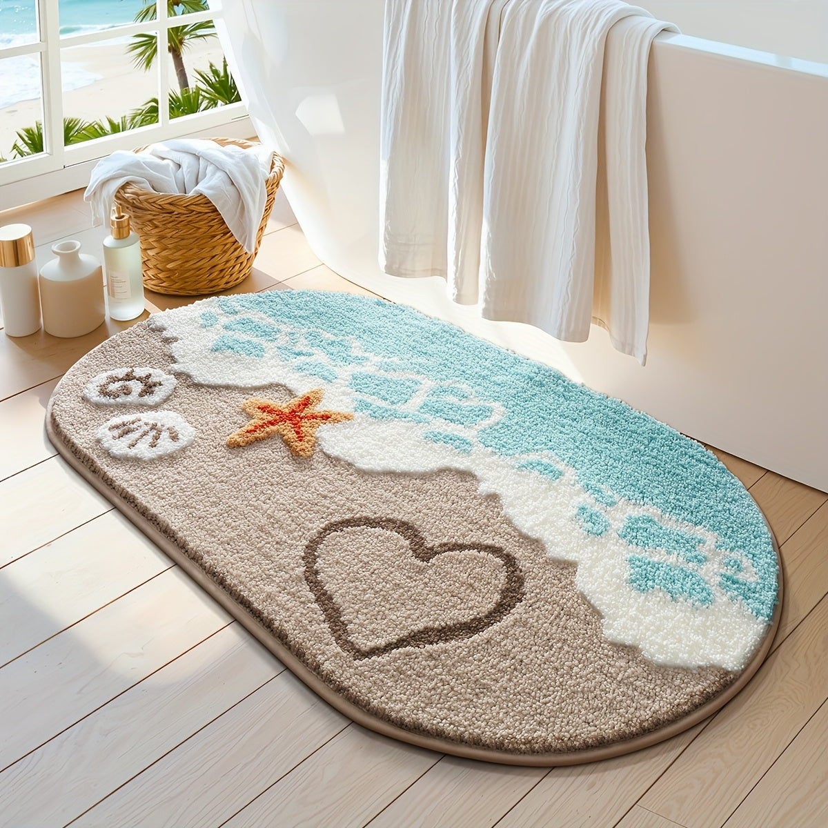 1pc Dajiang Oval Plush Bath Mat - Non-Slip, Absorbent, Beach-Themed with Starfish & Heart Design, Soft Polyester & TPR Backing, Machine Washable, Ideal for Bathroom & Home Decor, Spring/Summer Seasonal Decoration, Bathroom Mat, Bathroom Flooring Whole Fl