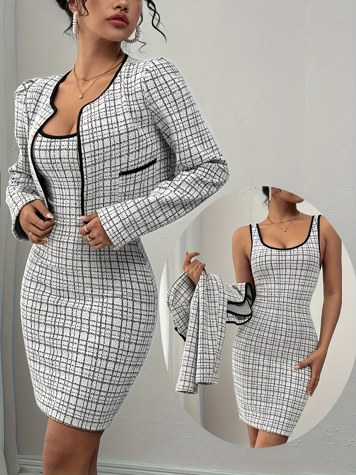 Women's 2pcs French-Style Black and White Contrast Terrycloth Short Jacket & Sleeveless Back Zipper Black Button Detail Mini Dress Set, Spring/Autumn