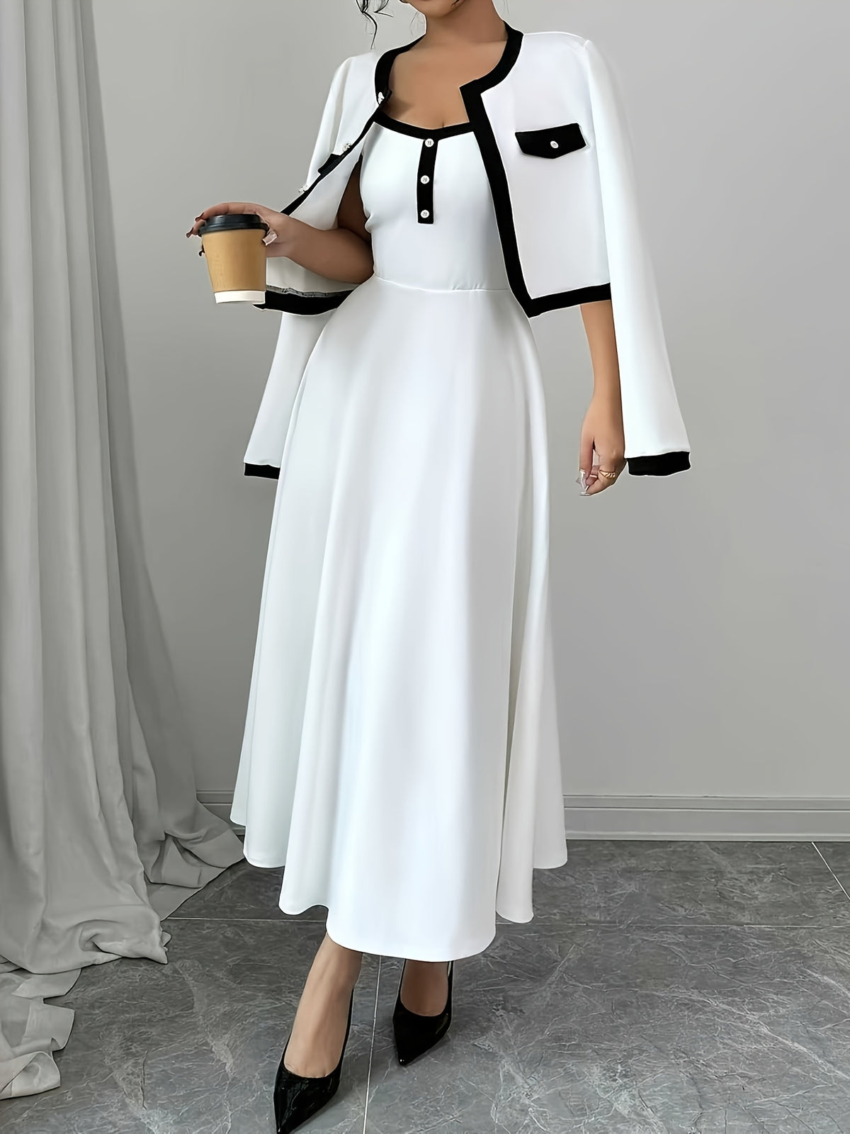This Elegant White Midi Dress Set for Women Features Contrasting Trims, Is Versatile And Stylish. Made of Soft, Stretchy Fabric, It'S Perfect for Casual Outings Or Date Nights. Pair It with High Heels for a Stylish Look