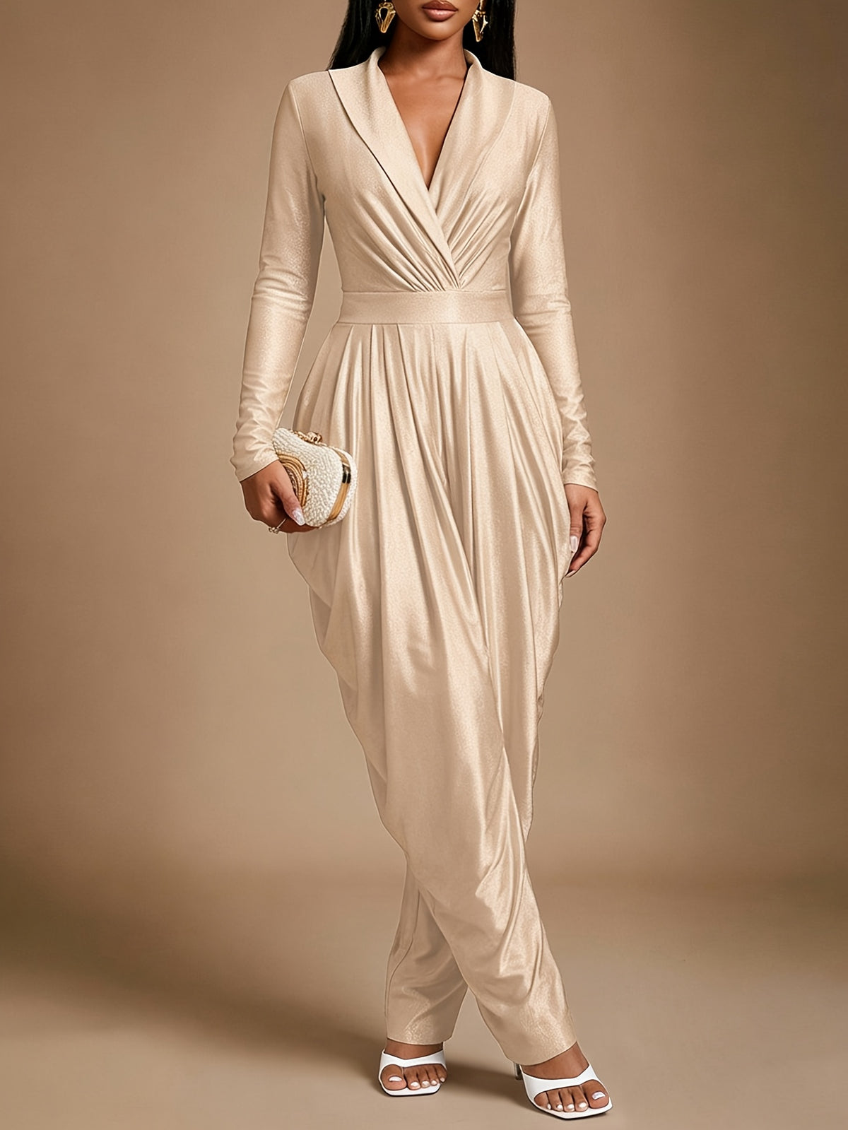 High-Waist Pleated Wide-Leg Jumpsuit - Slim-Fit Pleated Long-Sleeve Bodysuit with Deep V-Neck Design - Women's Modern Evening Gown