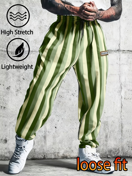 Men's Casual Pants - Three-color Striped Casual Pants with Drawstring Waist and Cuffed Design, Featuring a Vintage Style. Suitable for Spring and Autumn Seasons, Outdoor Sports, and Daily Casual Wear. Men's Cuffed Casual Fashion Pants with Striped