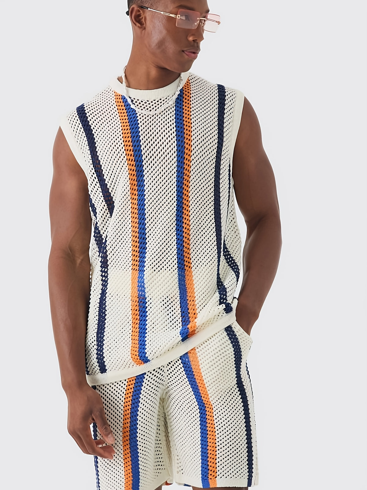Men's Sporty Casual Knit Set with White Mesh Fabric, Breathable and Sleeveless Design Striped Decoration, Trendy Leisure Style