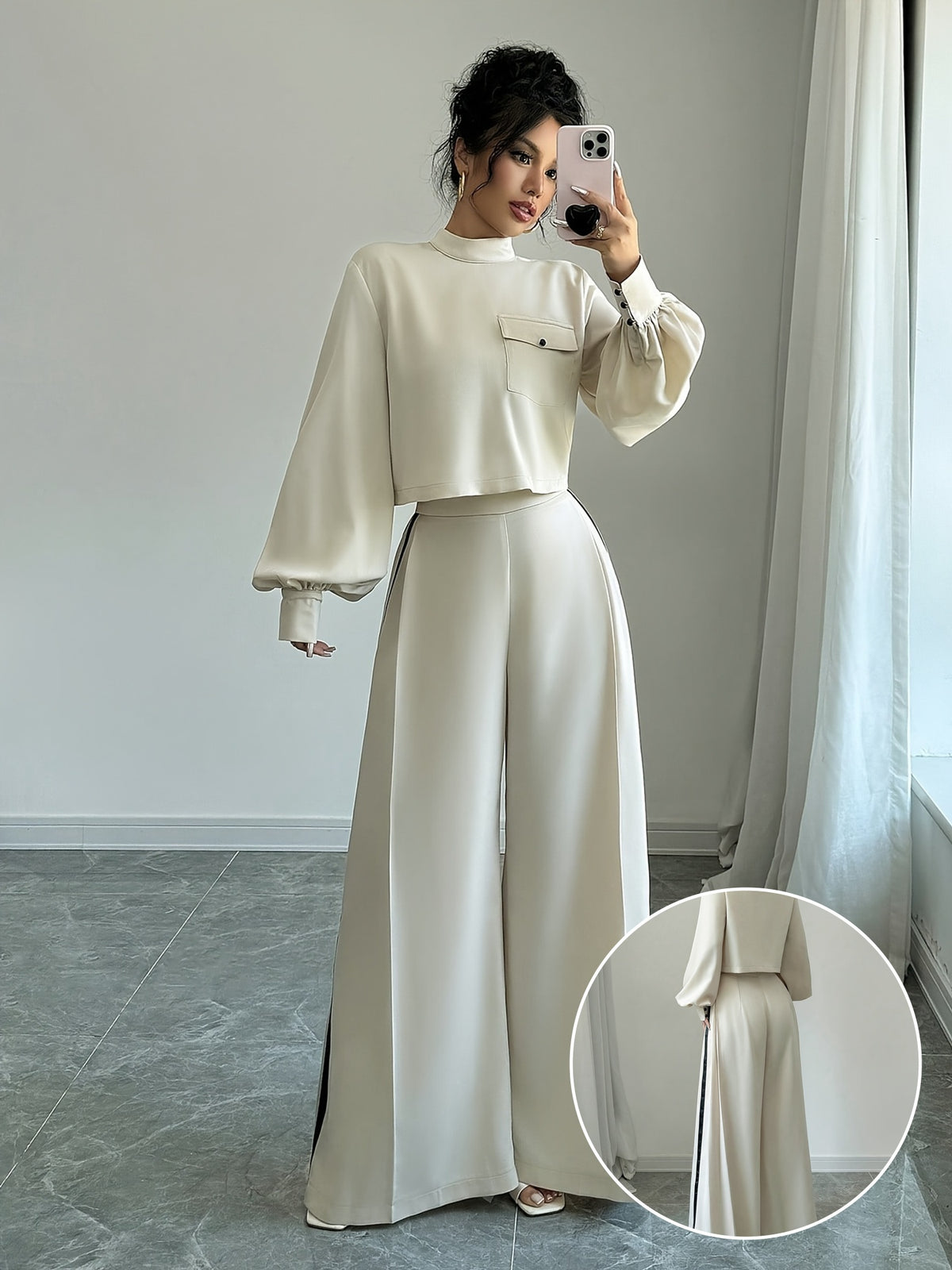 Elegant, Stylish, And Minimalist Color-Block Lantern Sleeve Real Pocket Small Stand-Up Collar Short Top with Wide-Leg Side Black Webbing Long Pants Set