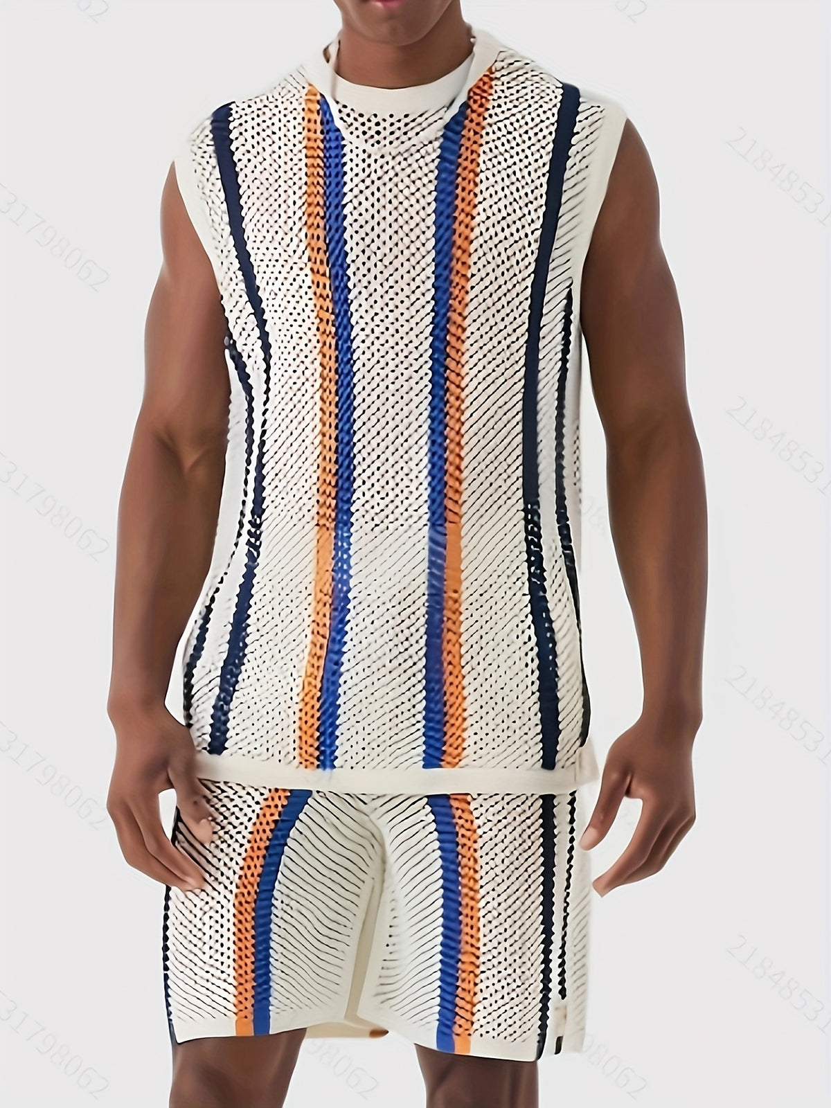 Men's Sporty Casual Knit Set with White Mesh Fabric, Breathable and Sleeveless Design Striped Decoration, Trendy Leisure Style