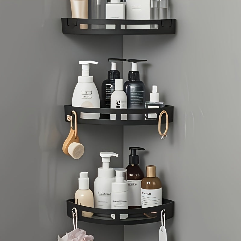 3pcs Heavy-Duty Plastic Corner Bathroom Shelf Set - Black Wall-Mounted Shower Organizer with Curved Shelves, Space-Saving ABS-Like Shelving System for Shower, Bathtub, Kitchen (No Metal, Easy Install) - Holds Toiletries & Bottles