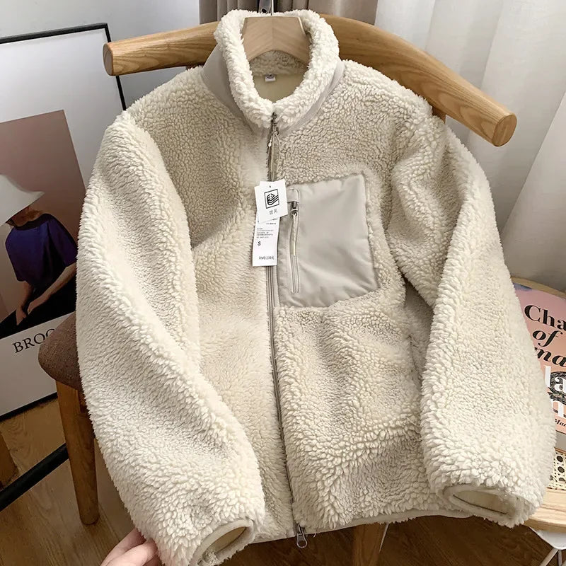 Autumn Winter Lambswool Coat Male Loose Windproof Warm Sherpa Stand Collar Polar Fleece Jacket Unisex Simple  Pocket Spliced Top
