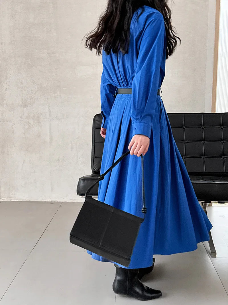 Polo‘s Collar Shirt Dress  Women Spring Slimming Long Dress With A Cinched Waist Blue / Pink