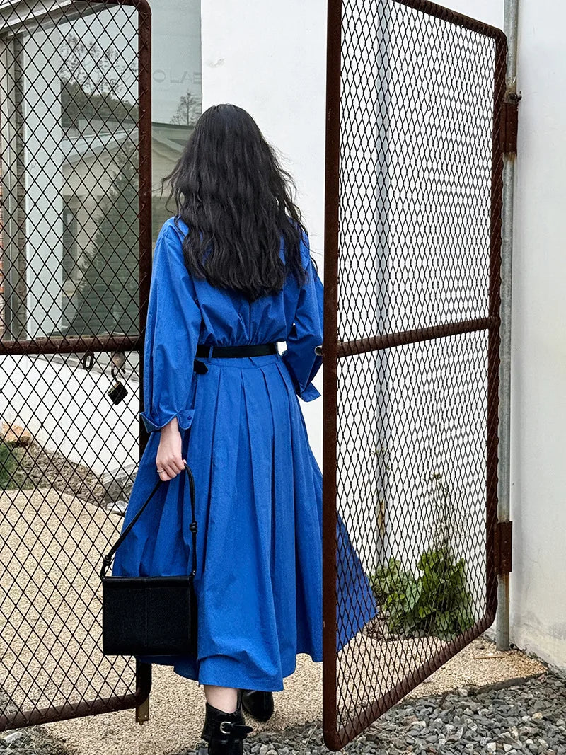 Polo‘s Collar Shirt Dress  Women Spring Slimming Long Dress With A Cinched Waist Blue / Pink