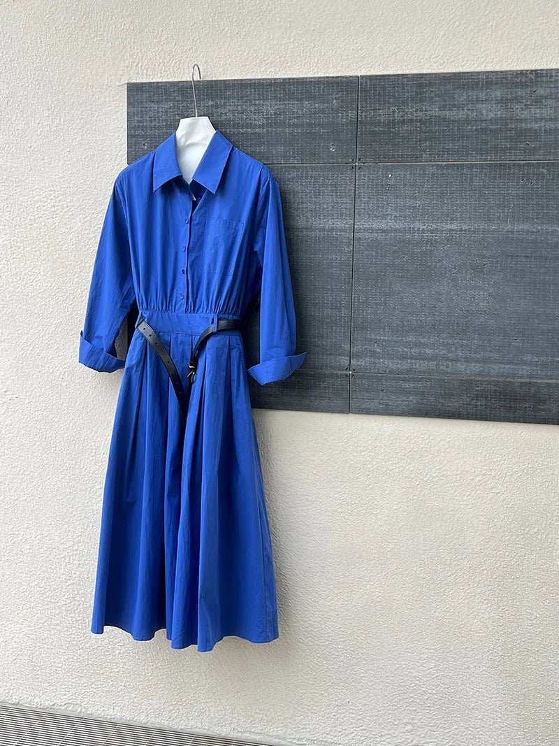 Polo‘s Collar Shirt Dress  Women Spring Slimming Long Dress With A Cinched Waist Blue / Pink