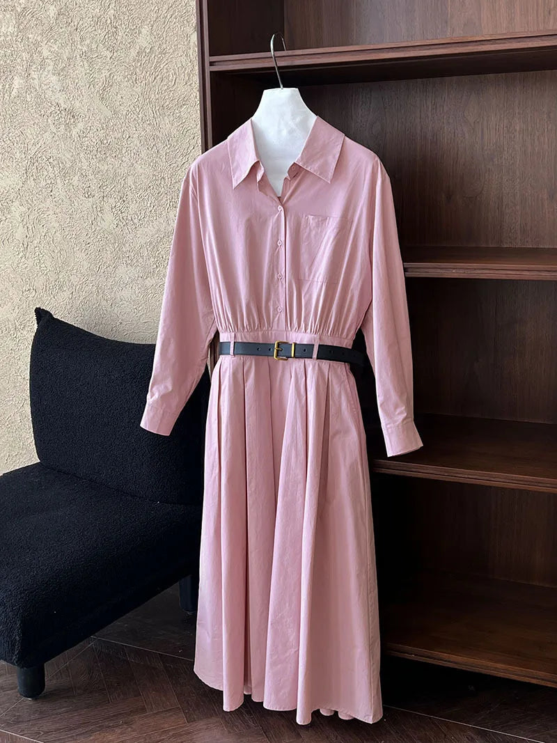 Polo‘s Collar Shirt Dress  Women Spring Slimming Long Dress With A Cinched Waist Blue / Pink