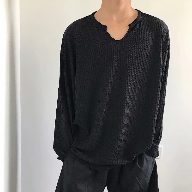 Spring Autumn New Fashion V-neck Long Sleeve Solid Color T-Shirts Men's Clothing Korean Loose All-match Pullovers Hip Hop Tops