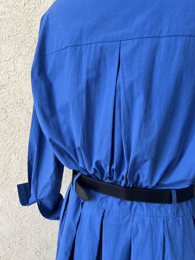 Polo‘s Collar Shirt Dress  Women Spring Slimming Long Dress With A Cinched Waist Blue / Pink