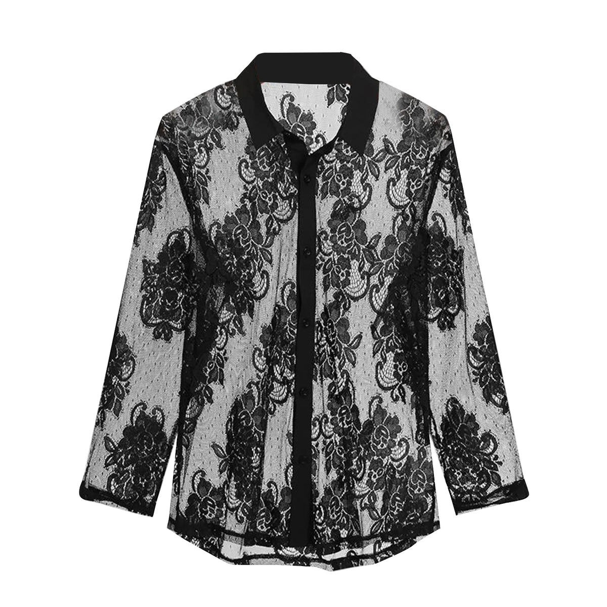 Men's Summer Shirts Lapel Neck Mesh Floral Print Long Sleeve Button-Down Casual Fashion Mature Tops