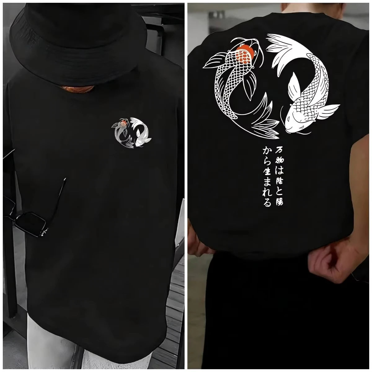 Japanese Koi Harajuku Illustration Pattern T-Shirt Men Summer Casual T Shirt Soft Fashion Short Sleeve Loose Cotton Sportswear