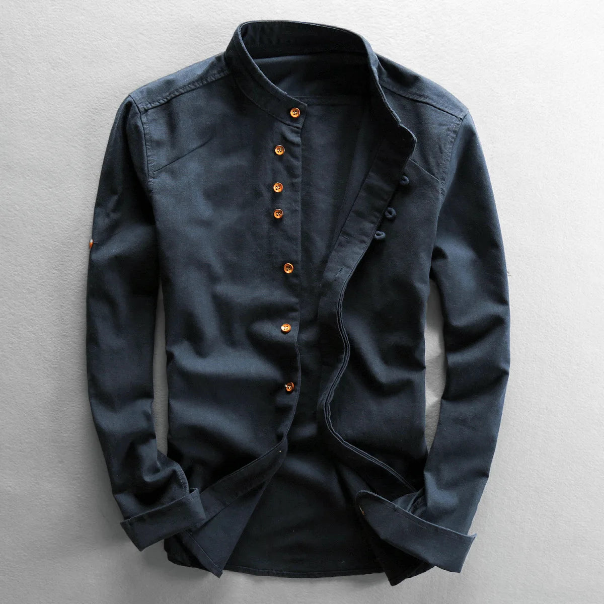 Men Spring Autumn Japan Vintage Style Cotton Linen Shirts Stand Collar Slim Fit Single Breasted Simple Design Soft Casual Shirt