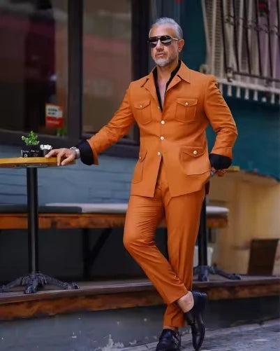 Tailored Casual Men Suits Orange 2 Pieces Set Safari Design Collar Autumn Coat Pant Business Designer Jacket Pant Men Prom Suits