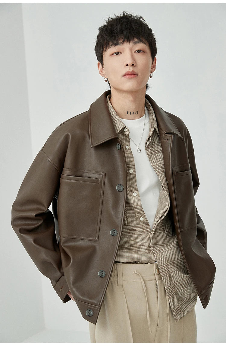 Mauroicardi Spring Autumn Short Oversized Brown Black Soft Faux Leather Jackets for Men Pockets Long Sleeve Korean Fashion 2022