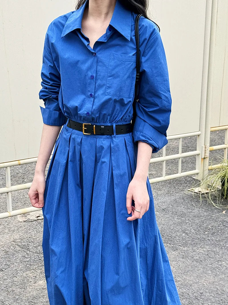 Polo‘s Collar Shirt Dress  Women Spring Slimming Long Dress With A Cinched Waist Blue / Pink