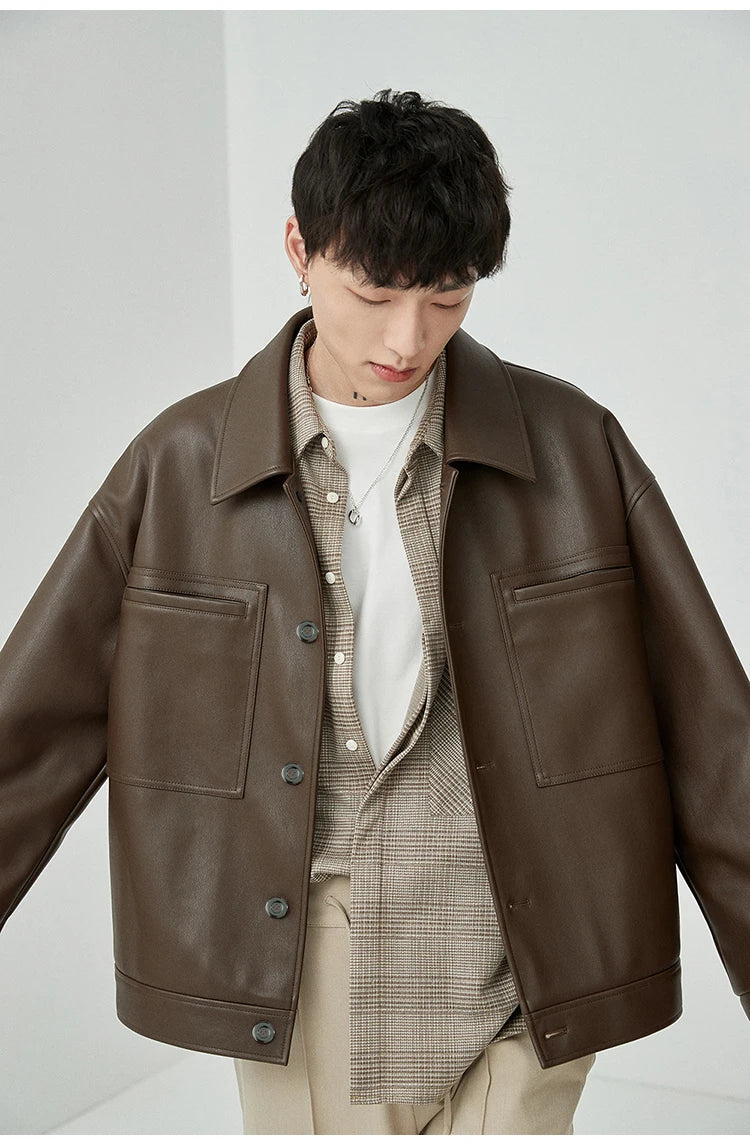 Mauroicardi Spring Autumn Short Oversized Brown Black Soft Faux Leather Jackets for Men Pockets Long Sleeve Korean Fashion 2022