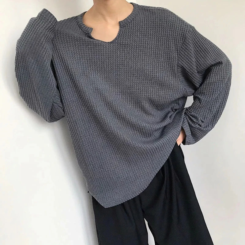 Spring Autumn New Fashion V-neck Long Sleeve Solid Color T-Shirts Men's Clothing Korean Loose All-match Pullovers Hip Hop Tops