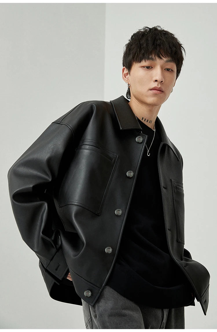 Mauroicardi Spring Autumn Short Oversized Brown Black Soft Faux Leather Jackets for Men Pockets Long Sleeve Korean Fashion 2022