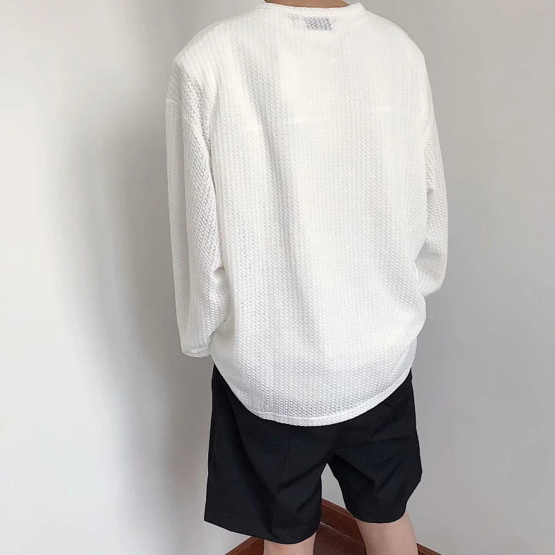 Spring Autumn New Fashion V-neck Long Sleeve Solid Color T-Shirts Men's Clothing Korean Loose All-match Pullovers Hip Hop Tops