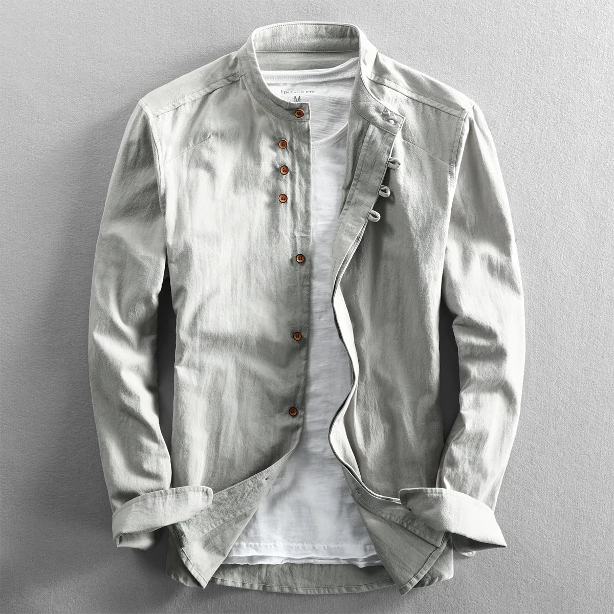 Men Spring Autumn Japan Vintage Style Cotton Linen Shirts Stand Collar Slim Fit Single Breasted Simple Design Soft Casual Shirt
