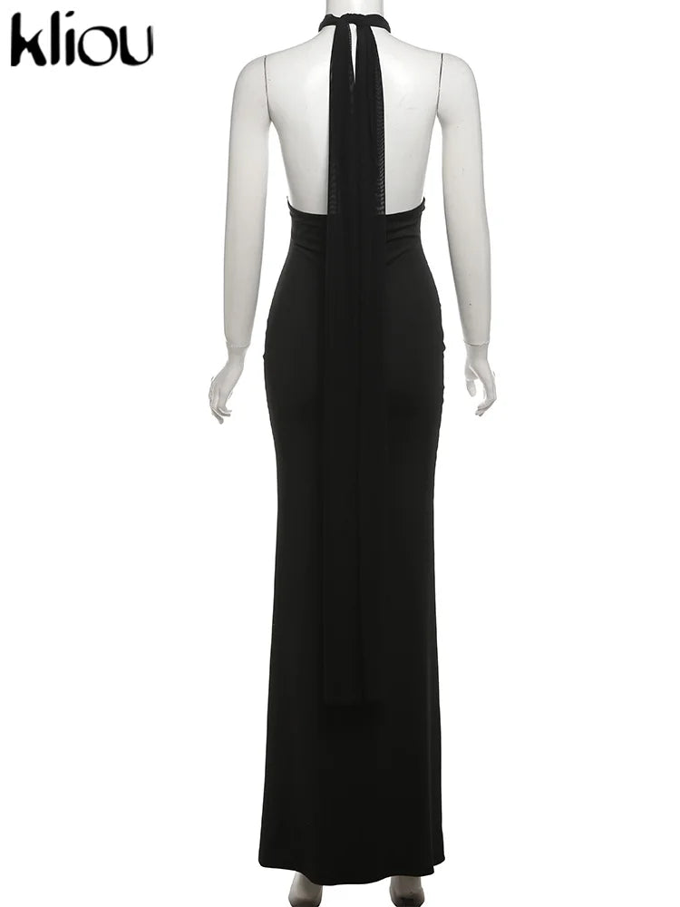 kliou Ribbons Women Long Dress Patchwork Cross Halter Sleeveless Backless Straight Vestidos Female Elegant Evening Classic Robe