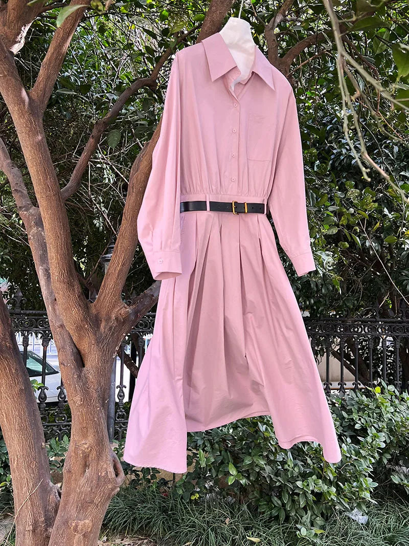 Polo‘s Collar Shirt Dress  Women Spring Slimming Long Dress With A Cinched Waist Blue / Pink
