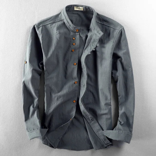 Men Spring Autumn Japan Vintage Style Cotton Linen Shirts Stand Collar Slim Fit Single Breasted Simple Design Soft Casual Shirt