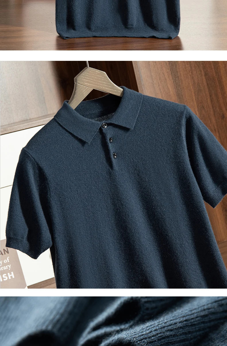 High End Men's 100% Cashmere T-shirt POLO Collar Pullover Shirt Casual Business Knitted Short Sleeved Summer Half Sleeved Top