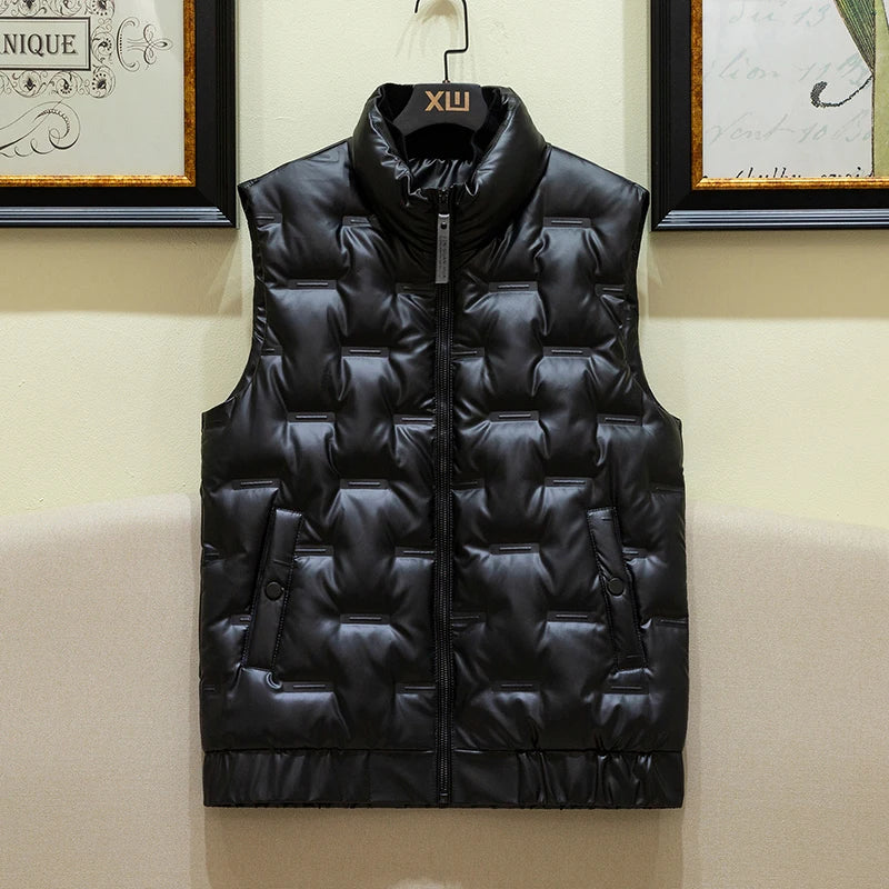 Black Men's Standing Collar Sleeveless Vest Coat, Winter Fashion Casual Waterproof Thick Jacket,Silver Windproof Waistcoat