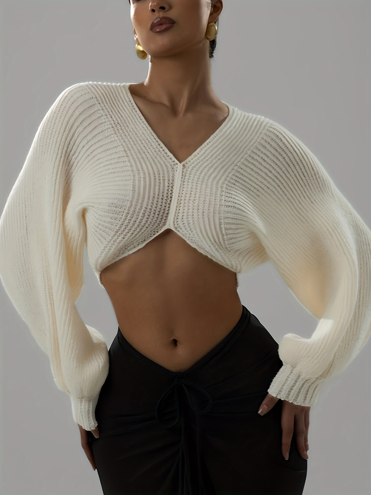 Women's White V-Neck Cable- Sweater - Short Length Cropped Top with Long Sleeves, Soft Stretchy Pullover for Layering, Casual Winter Blouses (Machine Washable) - All-Season Sweater Vest
