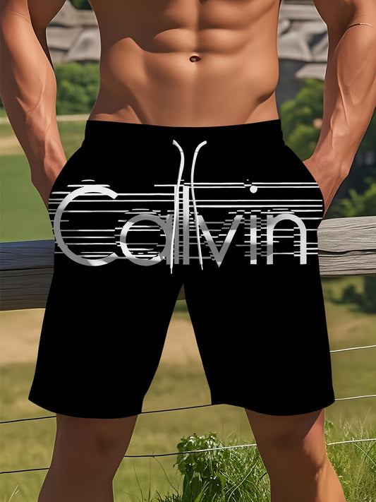 Fashionable Men'S Beach Shorts Featuring a 'CALVIN' Letter Print, These Casual Quick-Dry Swim Trunks Come with a Drawstring And Are Machine Washable. Made from Breathable Polyester, They Are Perfect for Summer Outdoor Activities, Beach Vacations