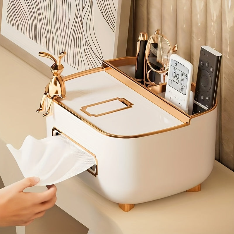 Elegant Golden-Tone Remote Control Tissue Box Holder - Square Plastic Napkin Dispenser for Living Room Coffee Table, Durable Dual-Use Storage Organizer, Modern Home Decor, Tissue Dispenser, Decorative Metal Accents, Smooth Finish