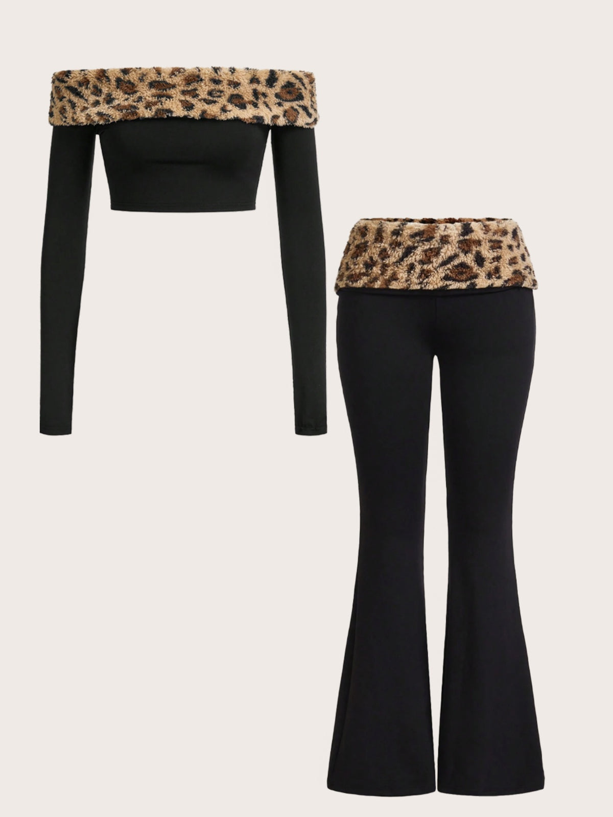 Y2K Women's Off-the-Shoulder Leopard Print Plush Patchwork Top and Pants Set - Black Autumn Two-Piece Outfit with Long Sleeves + Flared Trousers, Trendy Fashionable Combo