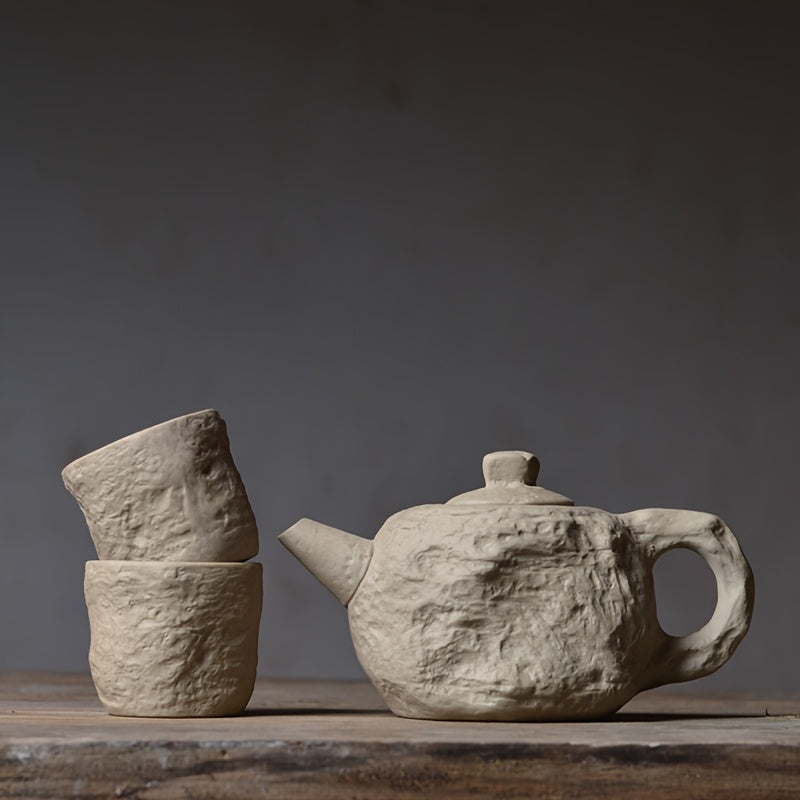 Ceramic Teapot and 2-Cup Set - Handmade Natural Clay Tea Set with Lava-like Texture, Beige/Brown Rustic Modern Design, Heat- Durable Ceramic Tea Pot & Cups for Hot Beverages, Ideal for Home Decor, Tea Lovers Gift, -Inspired Aesthetic, Functional & Decora