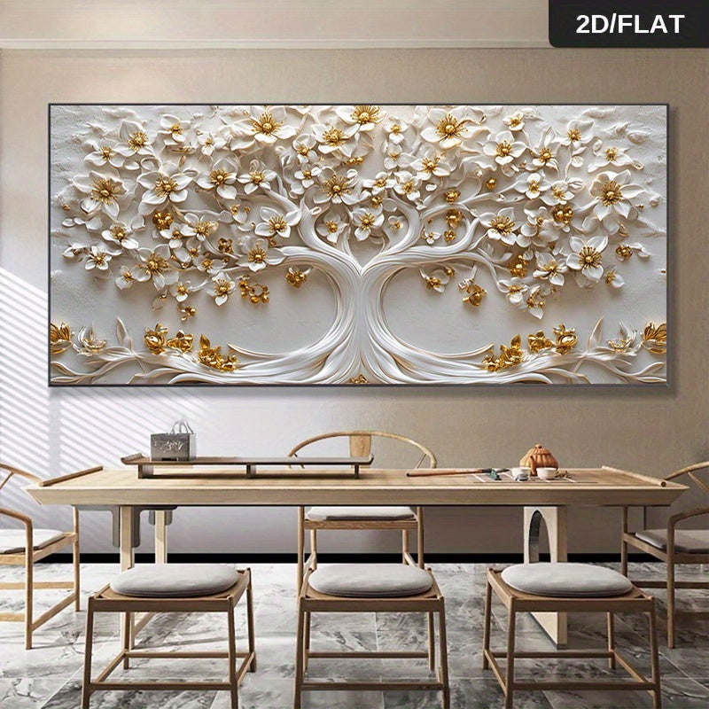 1pc Modern Abstract Golden Blossoms on a White Tree Canvas Wall Art - 70.0x140.0cm, Elegant Home Decor for Living Room or Bedroom, No Frame, Canvas Poster, Modern Wall Art